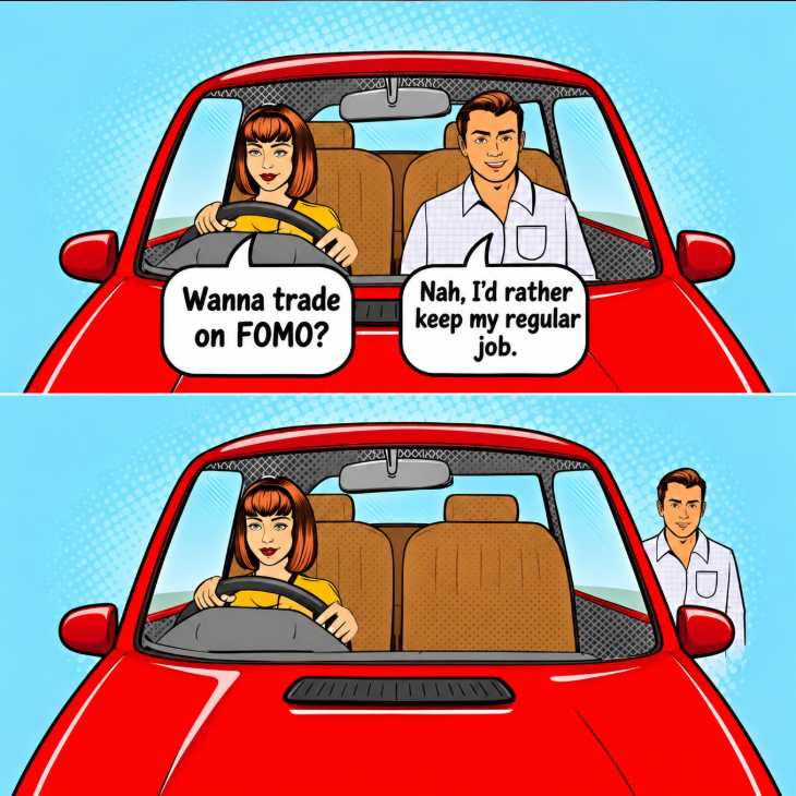 Two-panel comic of a red car. A woman asks about trading on FOMO; a man prefers his regular job and ends up outside the car.
